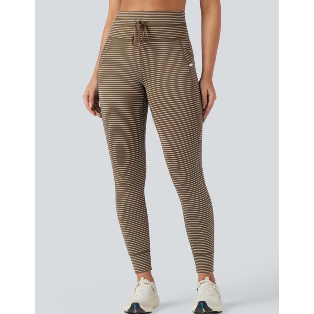 Halara High Waisted Drawstring Striped Yoga Leggings Small Brown New With Tags